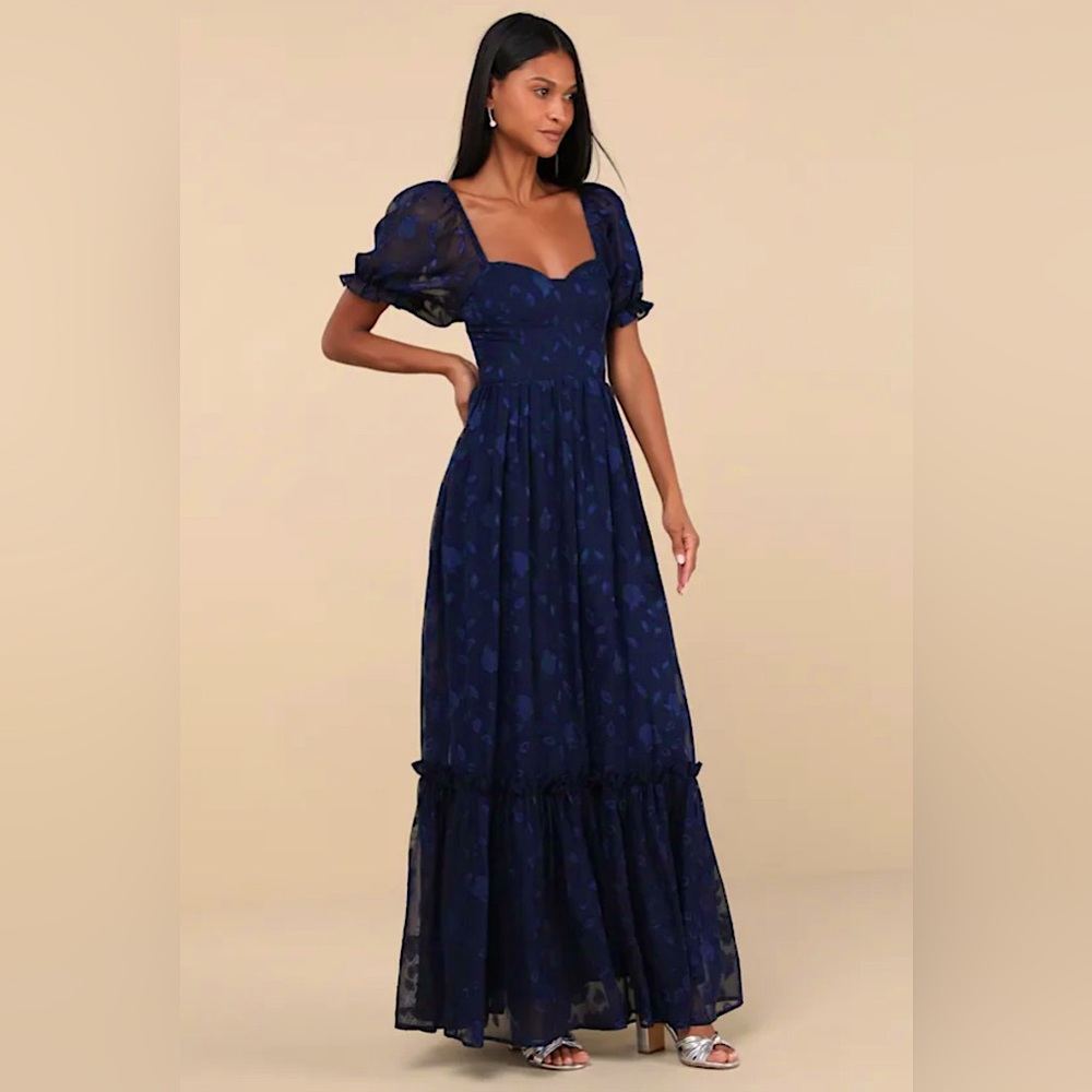 Lulu's Navy Blue Puff Sleeve Maxi Dress